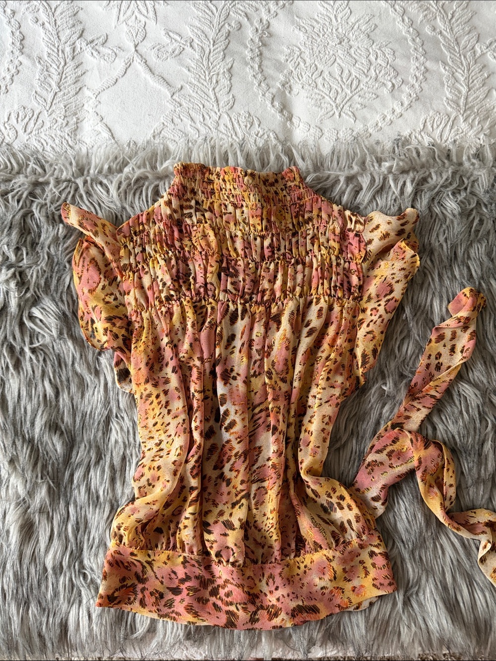 Bardot Chiffon Leopard Print Smocked Ruffle Sleeve Top small